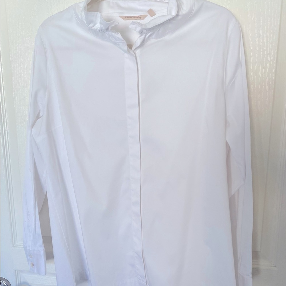 SOFT SURROUNDING White Blouse Shirt women Sz Large TALL White Black Vent Buttons